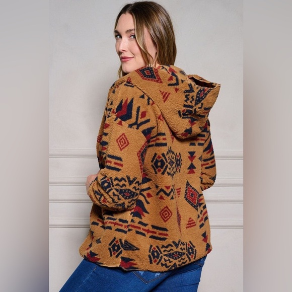 New In Womens Camel AZTEC TRIBAL PRINT HOODED OVERSIZE FLEECE Cardigan | NEW/NWT - Picture 7 of 11
